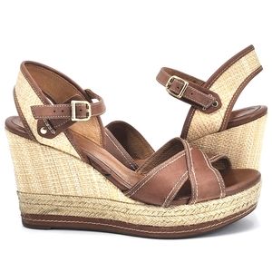 Clarks Indigo Amelia Wedge Espadrille Leather Sandals Women Size 8 Cognac Brown
